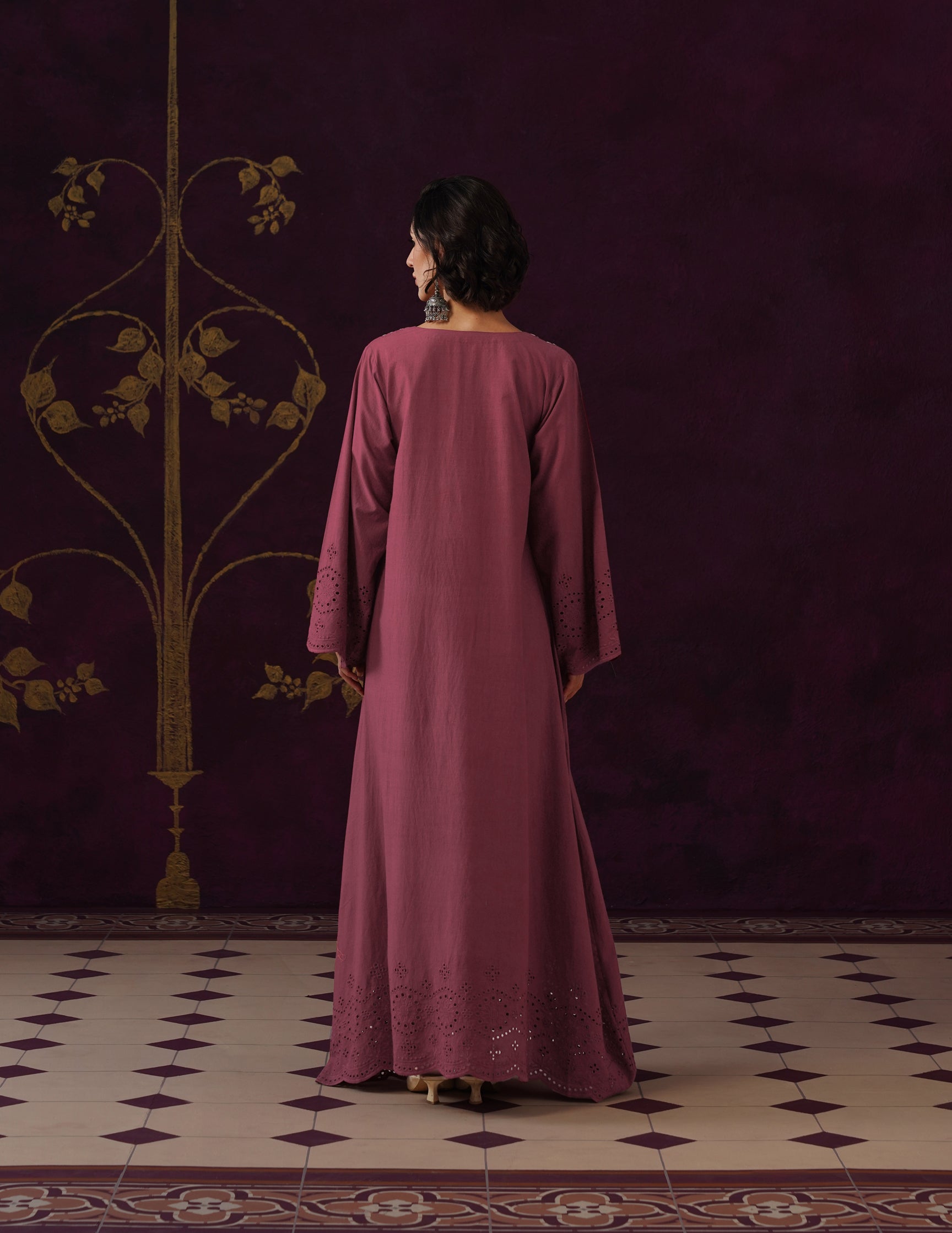 Maroon Schiffli &amp; Aari Embroidered Cambric Cotton Gown
