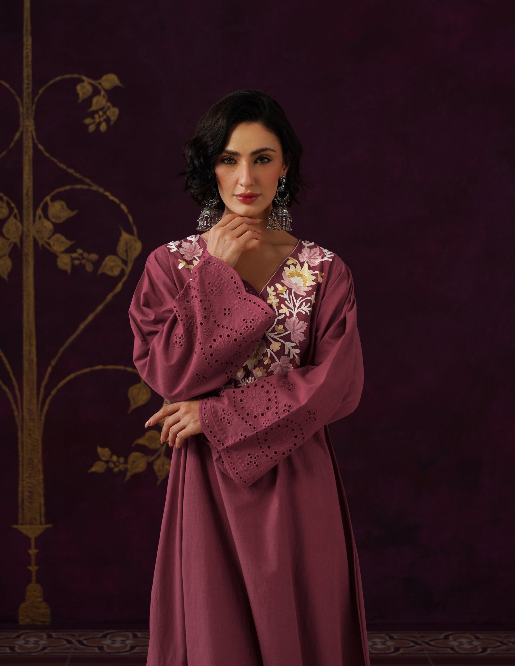 Maroon Schiffli &amp; Aari Embroidered Cambric Cotton Gown
