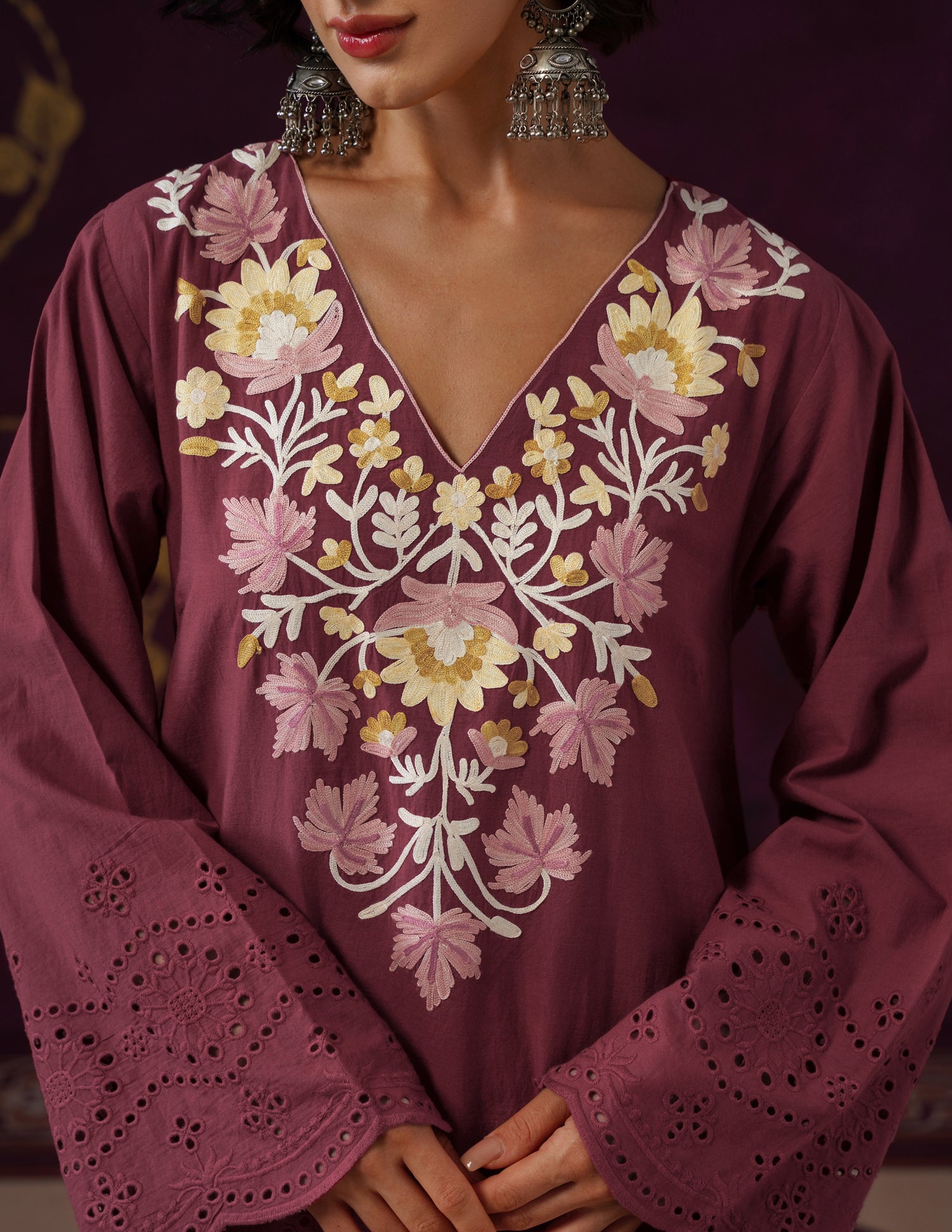 Maroon Schiffli &amp; Aari Embroidered Cambric Cotton Gown