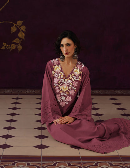 Maroon Schiffli &amp; Aari Embroidered Cambric Cotton Gown