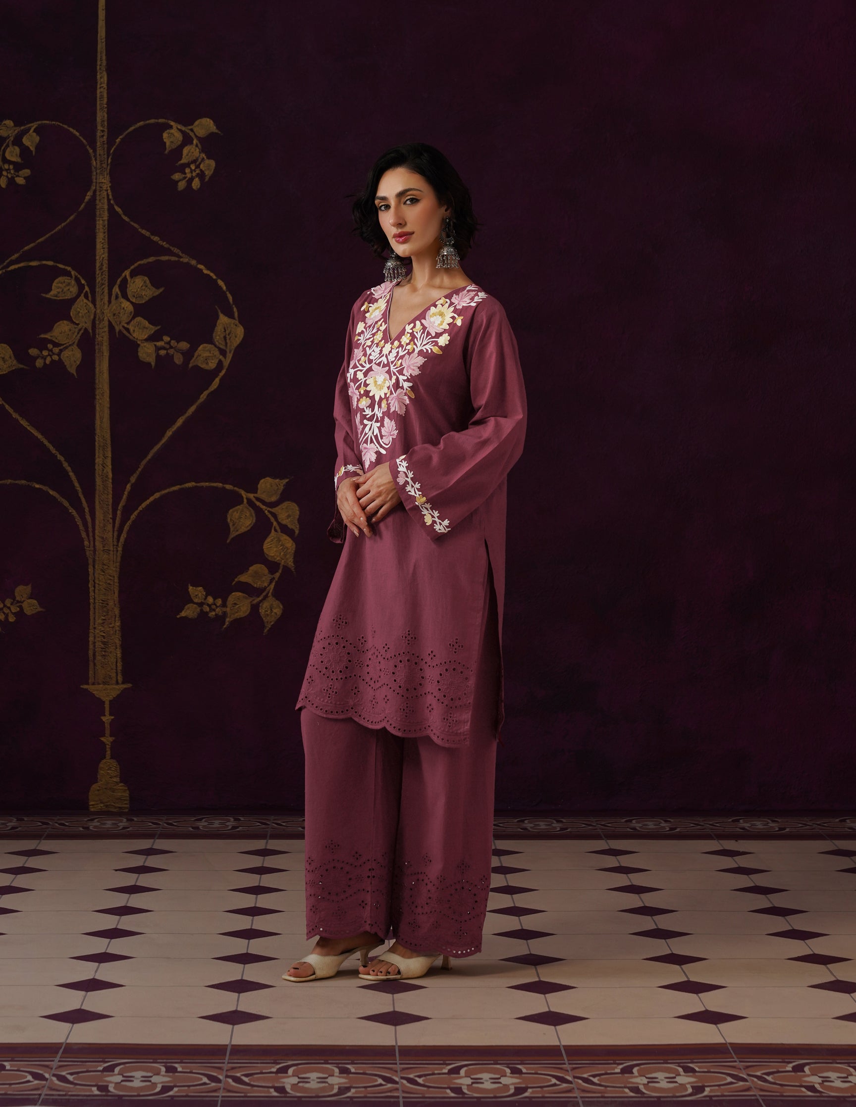 Maroon Schiffli &amp; Aari Embroidered Cambric Cotton Co-ord Set