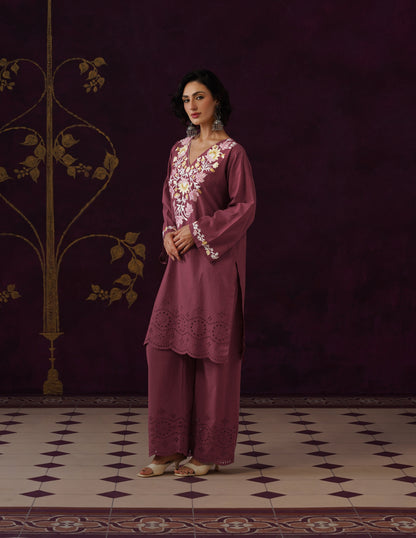 Maroon Schiffli &amp; Aari Embroidered Cambric Cotton Co-ord Set