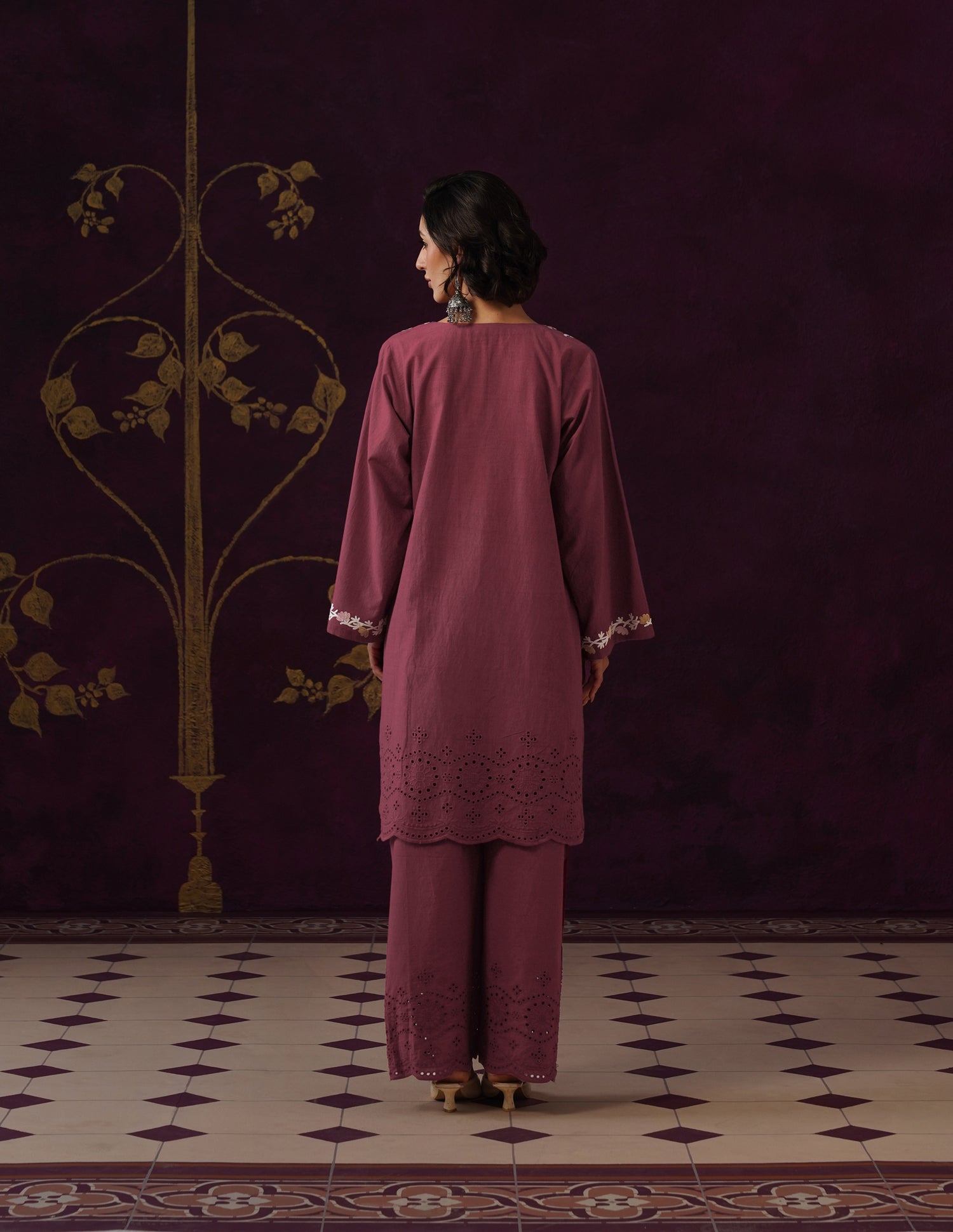 Maroon Schiffli &amp; Aari Embroidered Cambric Cotton Co-ord Set