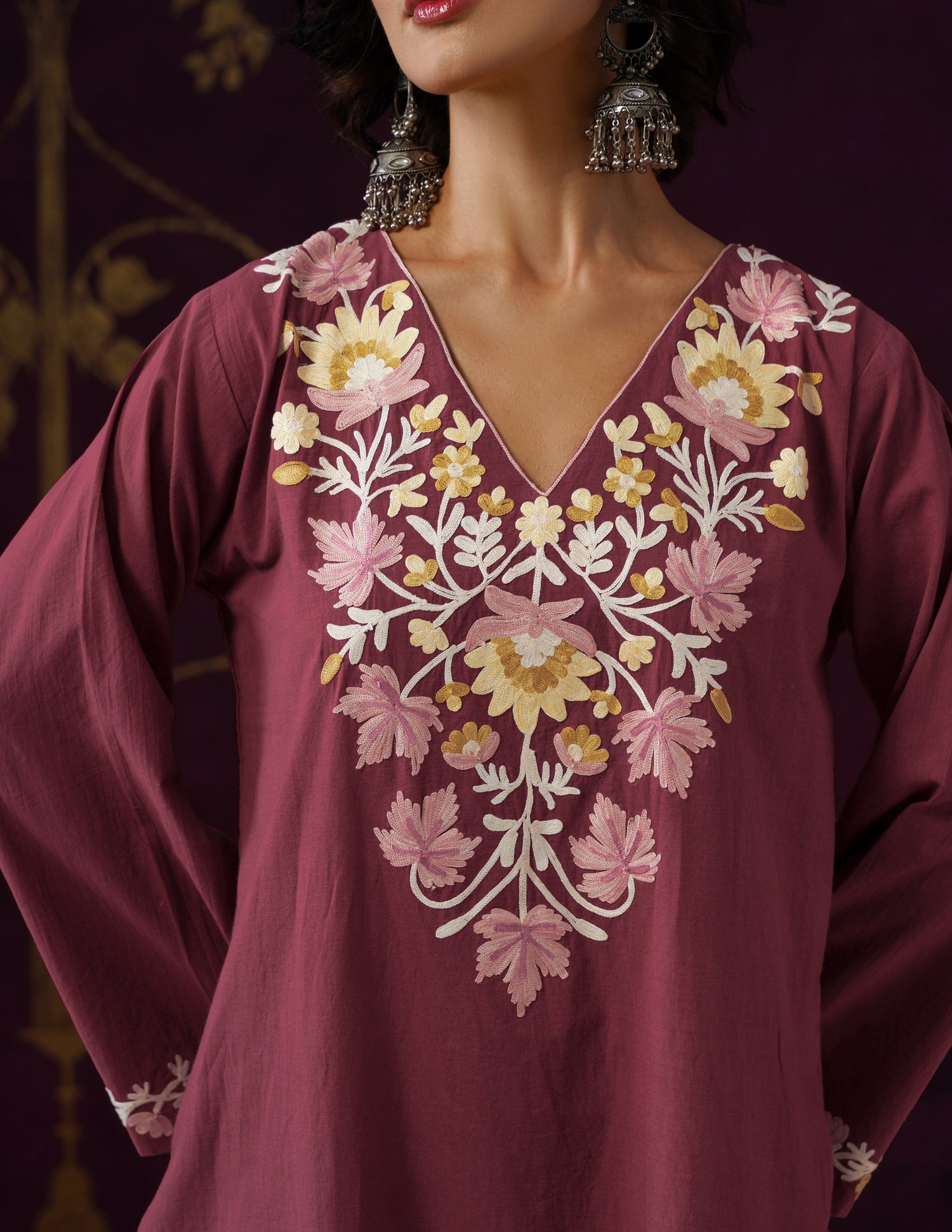 Maroon Schiffli &amp; Aari Embroidered Cambric Cotton Co-ord Set