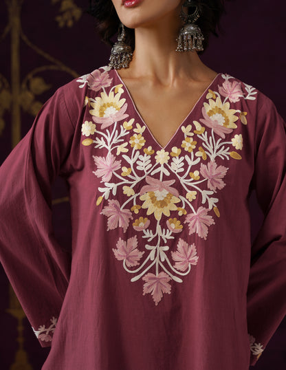 Maroon Schiffli &amp; Aari Embroidered Cambric Cotton Co-ord Set