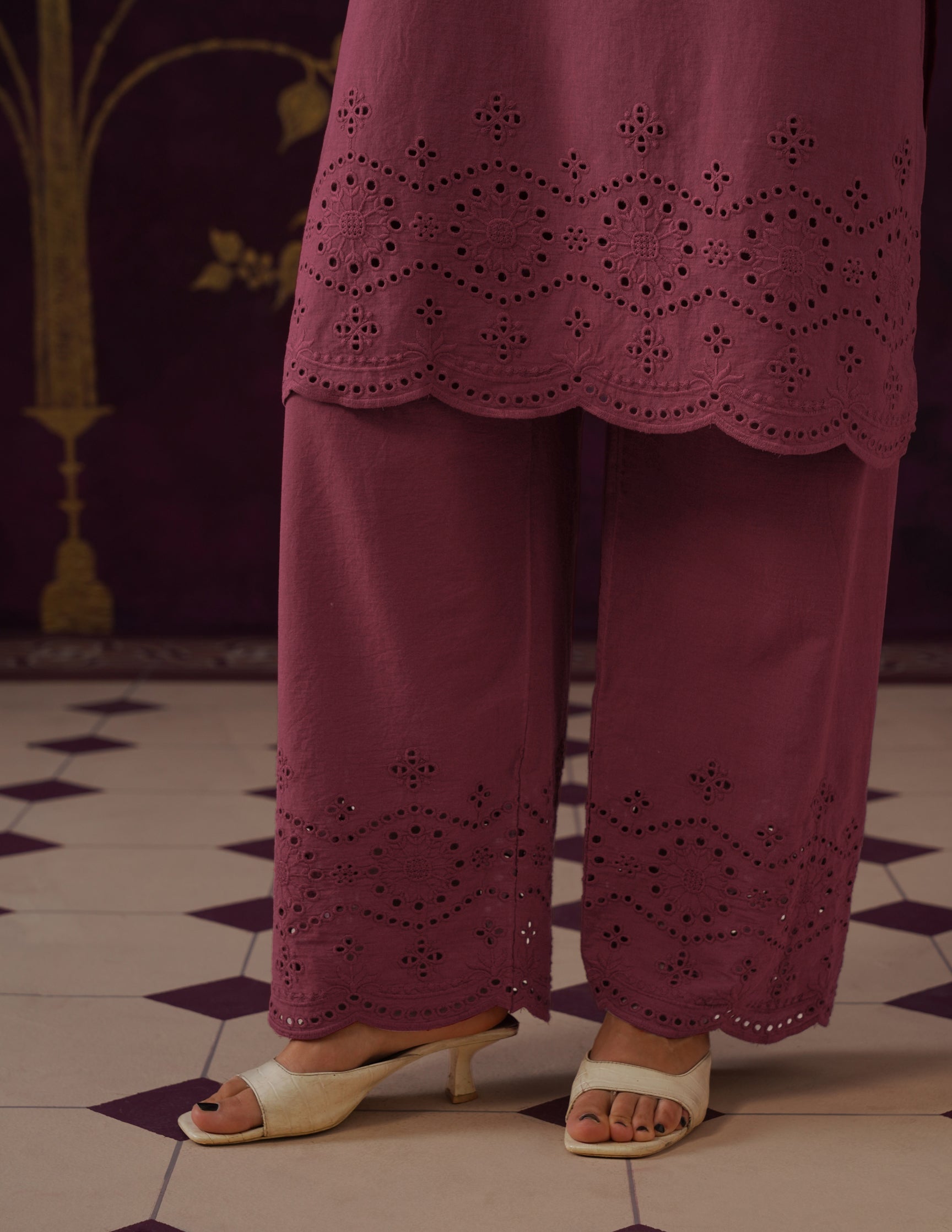 Maroon Schiffli &amp; Aari Embroidered Cambric Cotton Co-ord Set