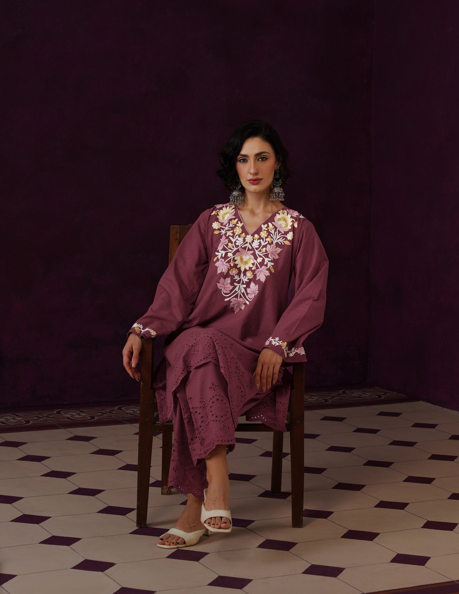 Maroon Schiffli &amp; Aari Embroidered Cambric Cotton Co-ord Set