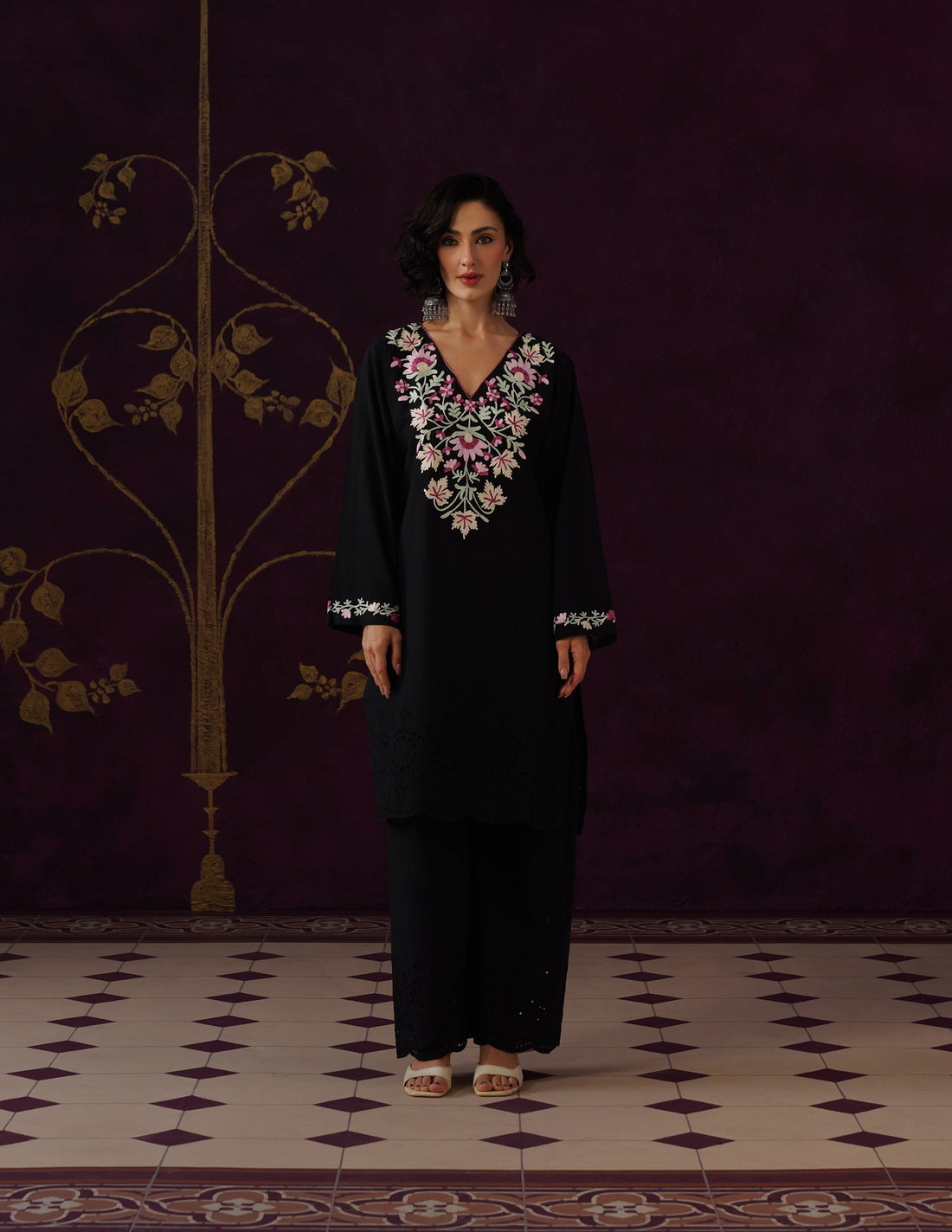Black Schiffli &amp; Aari Embroidered Cambric Cotton Co-ord Set