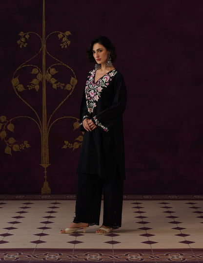 Black Schiffli &amp; Aari Embroidered Cambric Cotton Co-ord Set