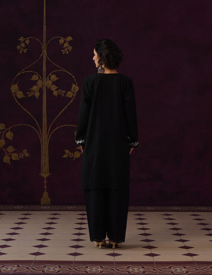 Black Schiffli &amp; Aari Embroidered Cambric Cotton Co-ord Set