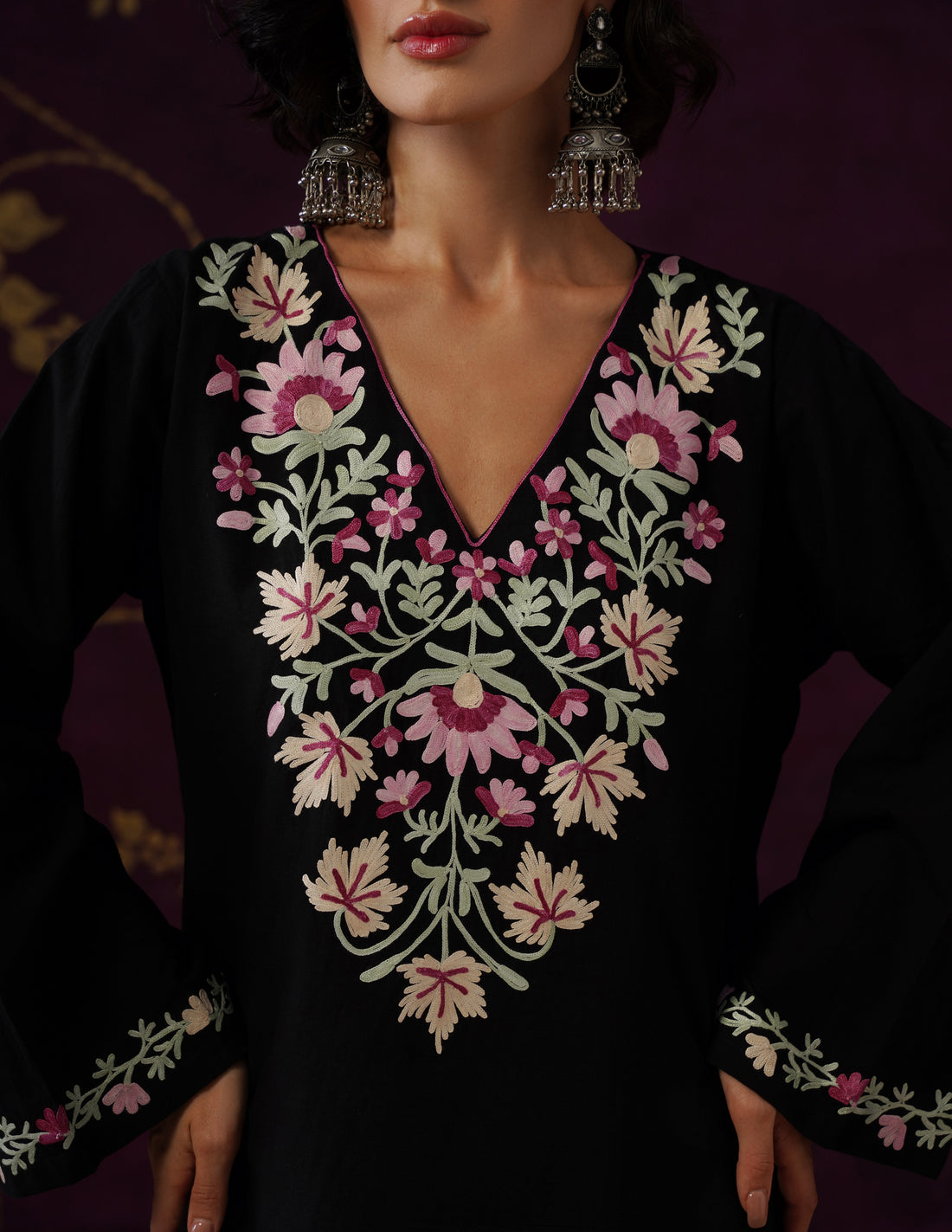 Black Schiffli &amp; Aari Embroidered Cambric Cotton Co-ord Set