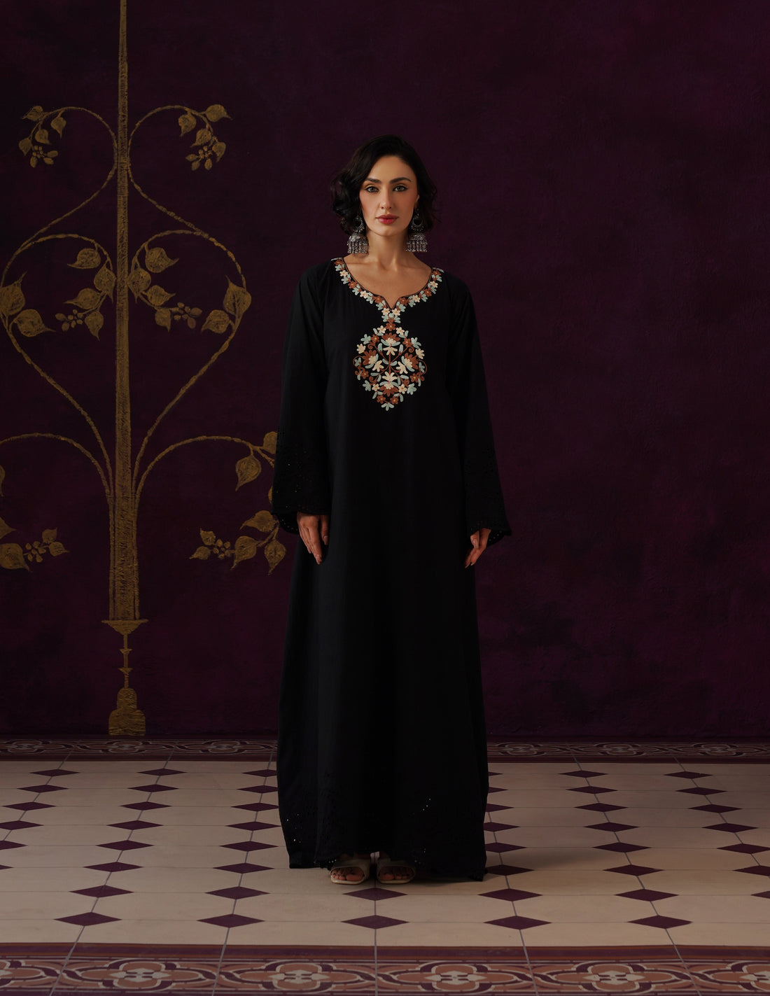 Black Schiffli &amp; Aari Embroidered Cambric Cotton Gown
