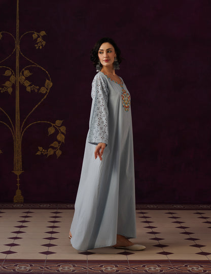 Light Blue Schiffli &amp; Aari Embroidered Cambric Cotton Gown