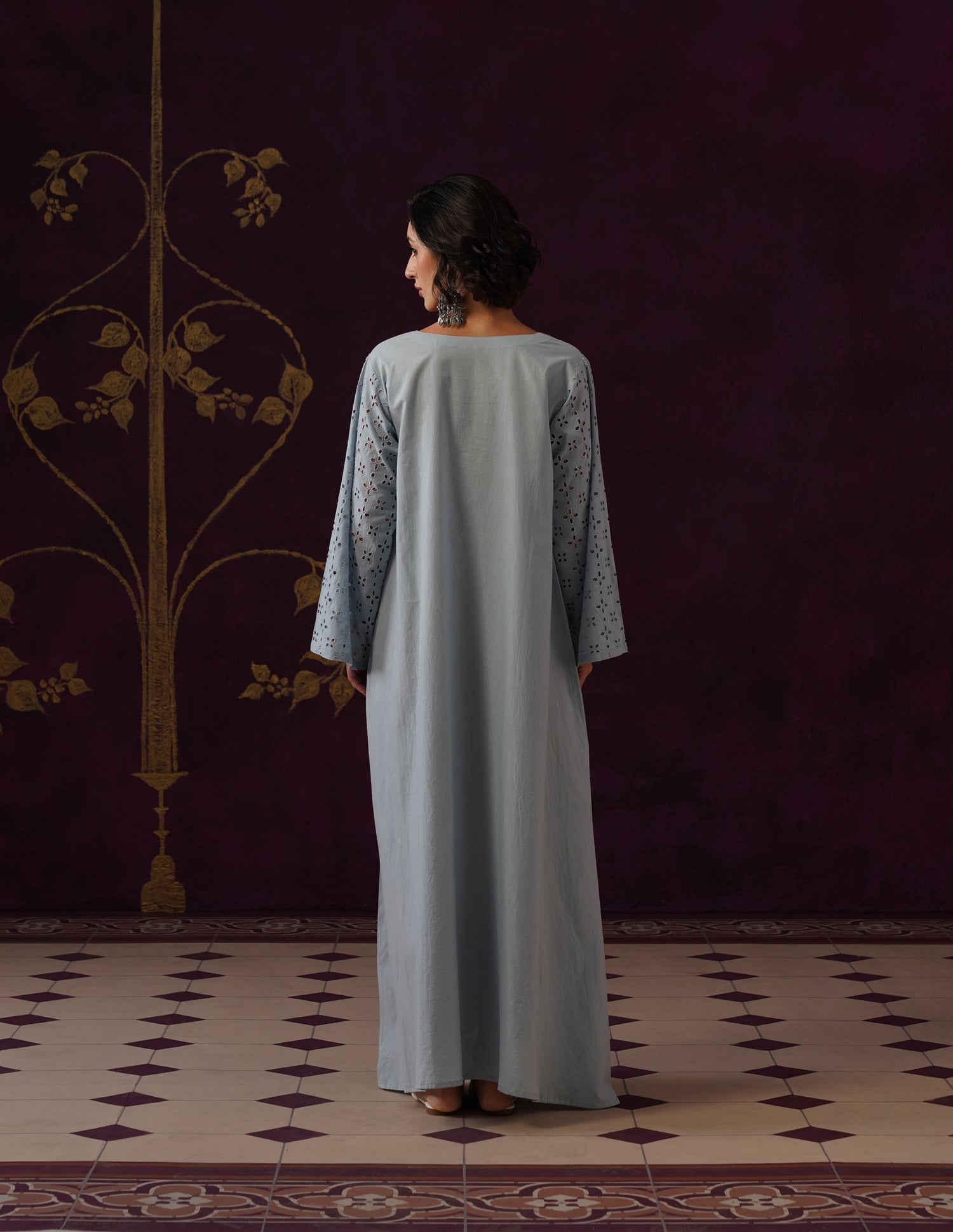 Light Blue Schiffli &amp; Aari Embroidered Cambric Cotton Gown