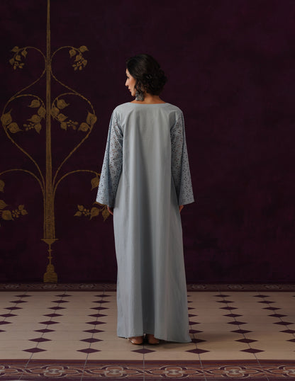 Light Blue Schiffli &amp; Aari Embroidered Cambric Cotton Gown