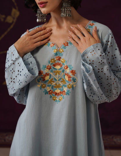 Light Blue Schiffli &amp; Aari Embroidered Cambric Cotton Gown