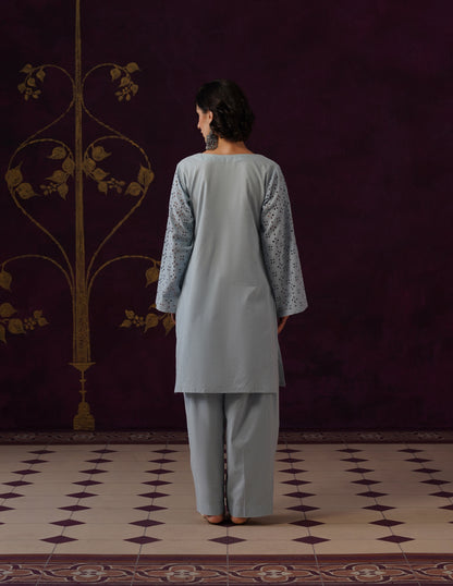 Light Blue Schiffli &amp; Aari Embroidered Cambric Cotton Co-ord Set