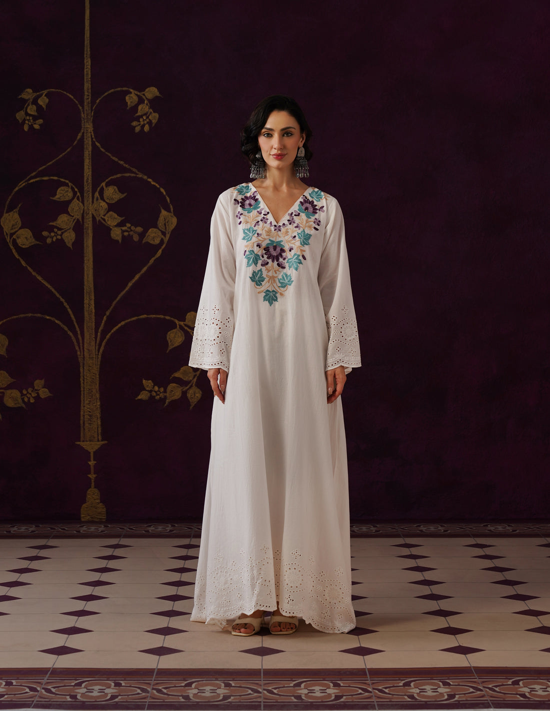 Off-White Schiffli &amp; Aari Embroidered Cambric Cotton Gown