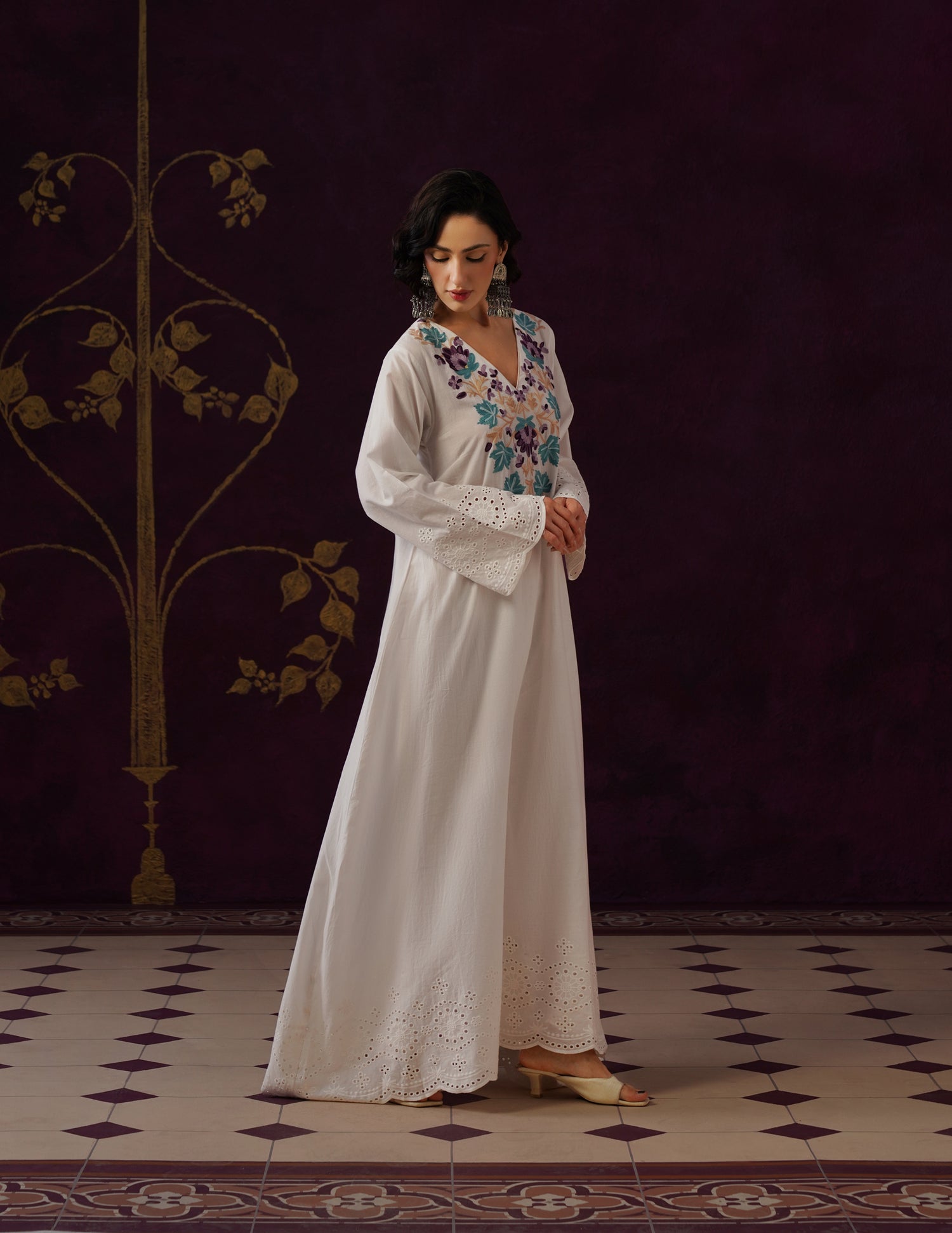 Off-White Schiffli &amp; Aari Embroidered Cambric Cotton Gown