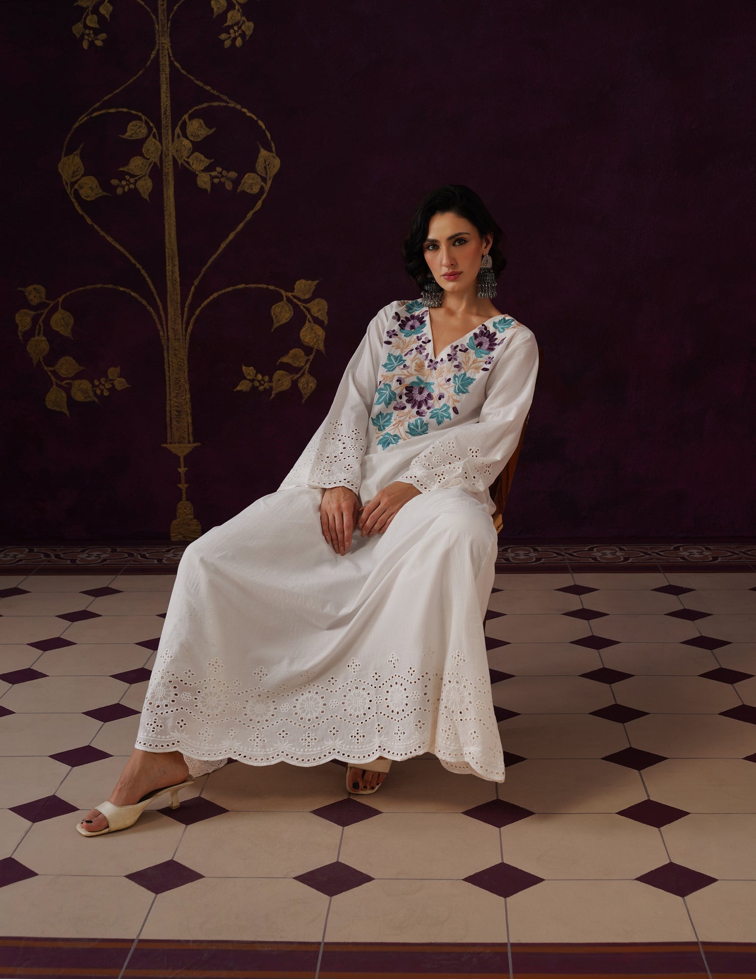 Off-White Schiffli &amp; Aari Embroidered Cambric Cotton Gown