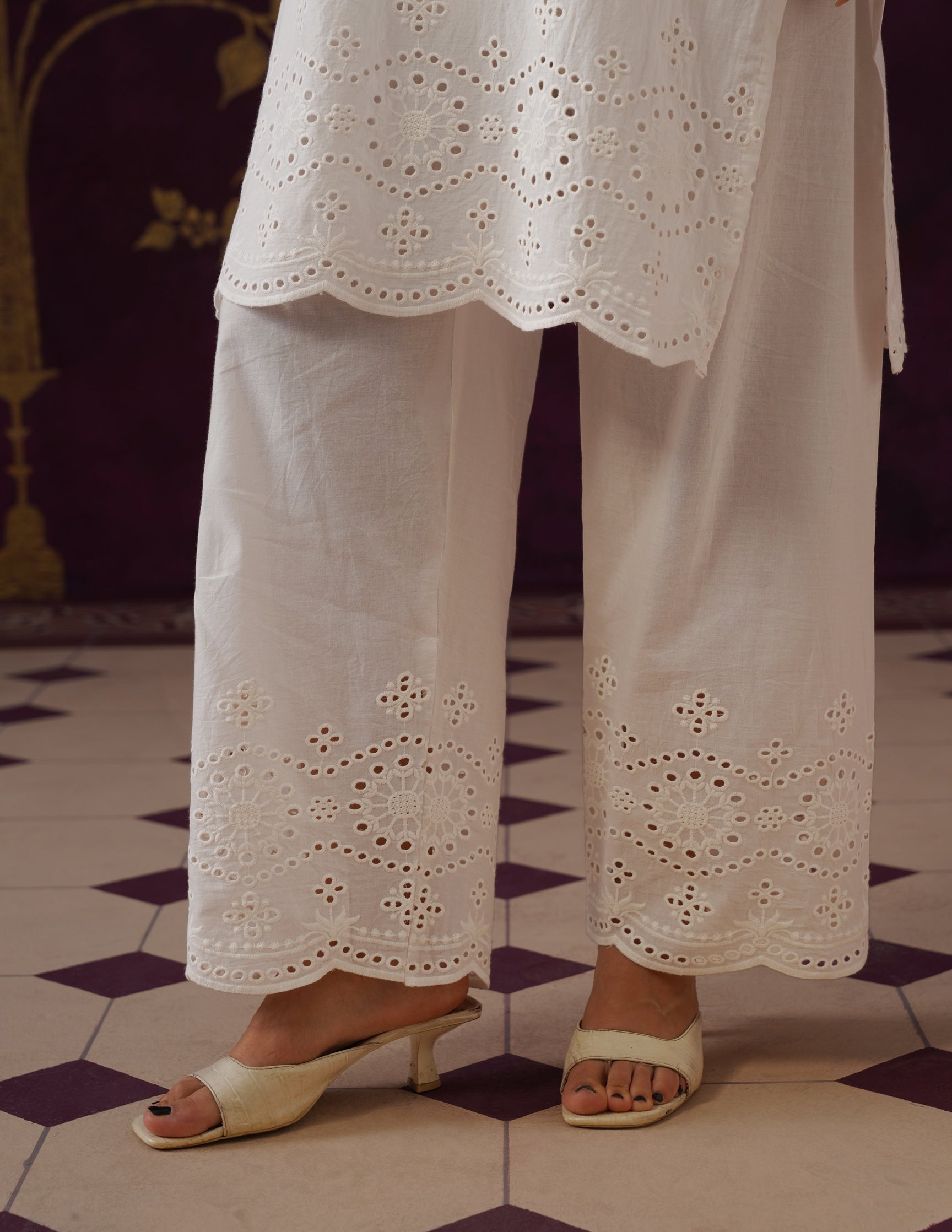 Off-White Schiffli &amp; Aari Embroidered Cambric Cotton Co-ord Set