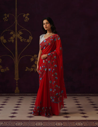 Kashmiri Aari Embroidered Georgette Saree – Red