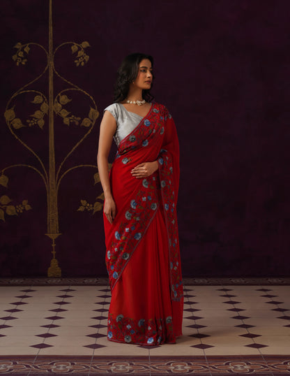 Kashmiri Aari Embroidered Georgette Saree – Red