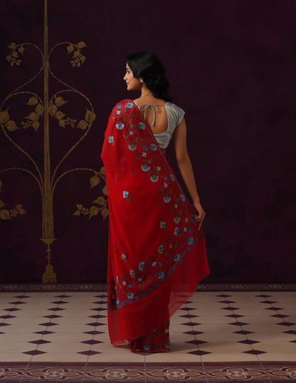 Kashmiri Aari Embroidered Georgette Saree – Red