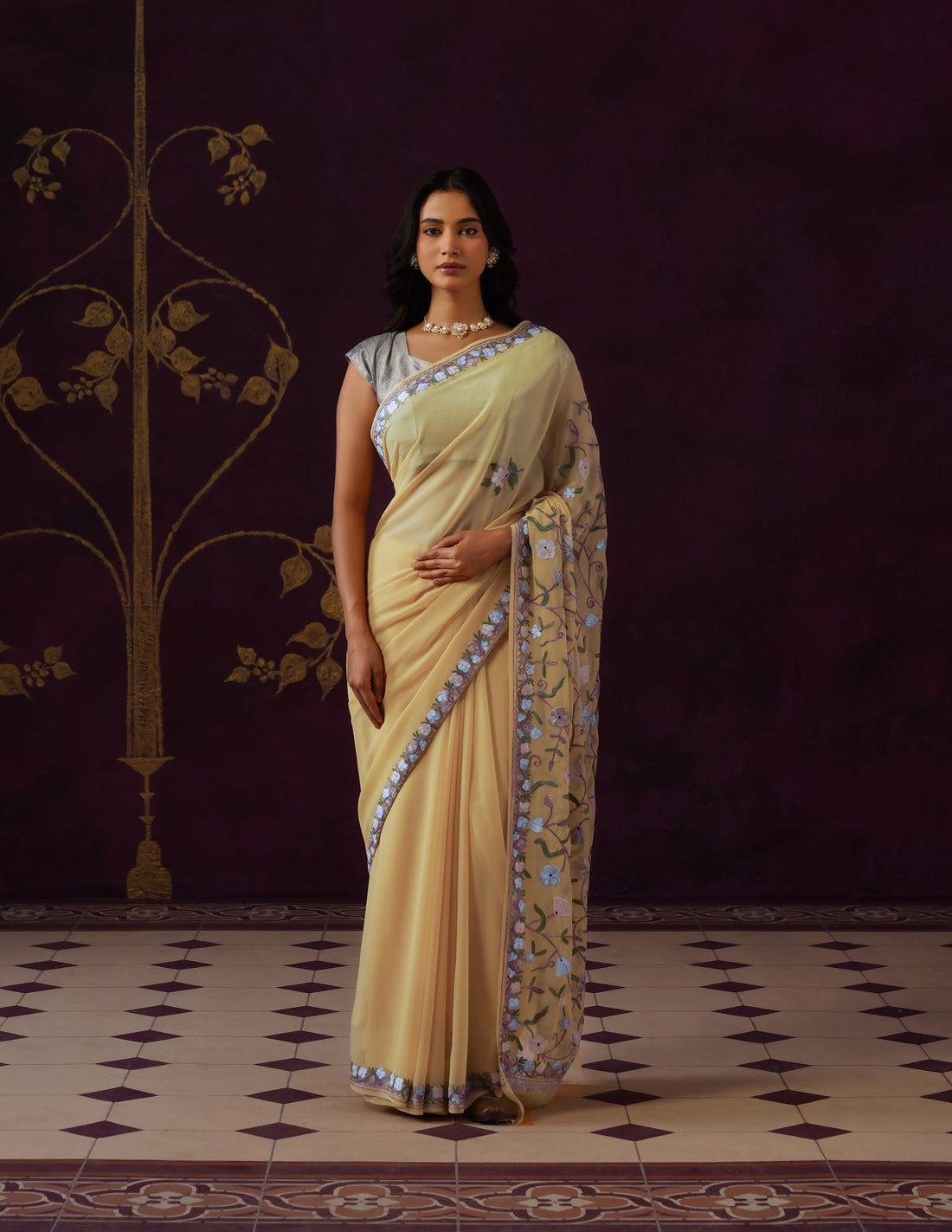 Kashmiri Aari Embroidered Georgette Saree – Butter Yellow