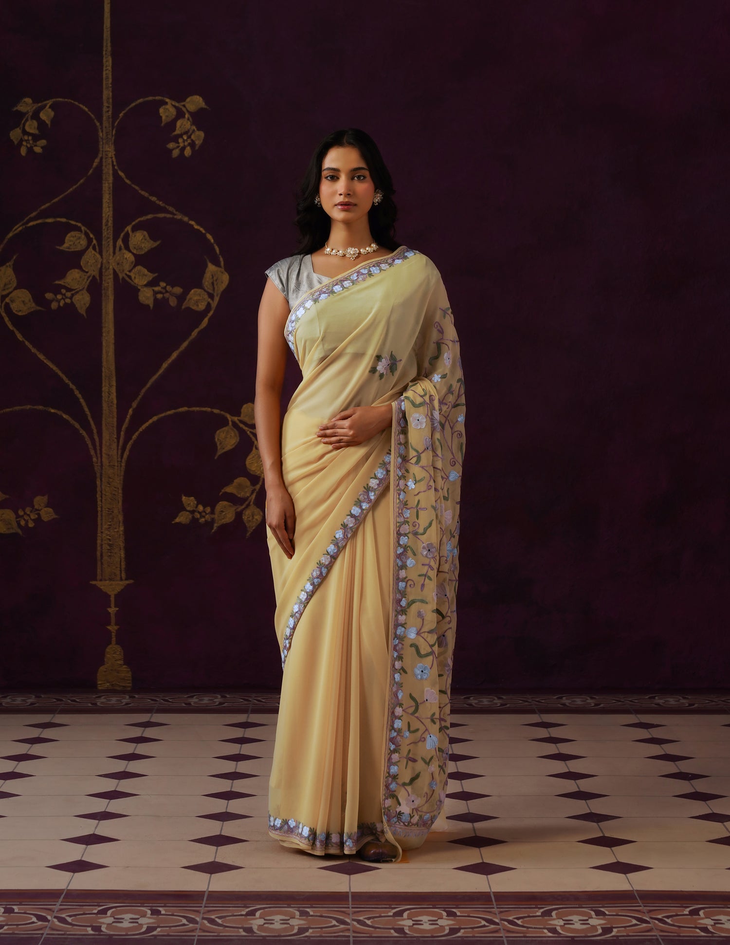 Kashmiri Aari Embroidered Georgette Saree – Butter Yellow