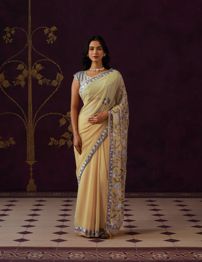 Kashmiri Aari Embroidered Georgette Saree – Butter Yellow