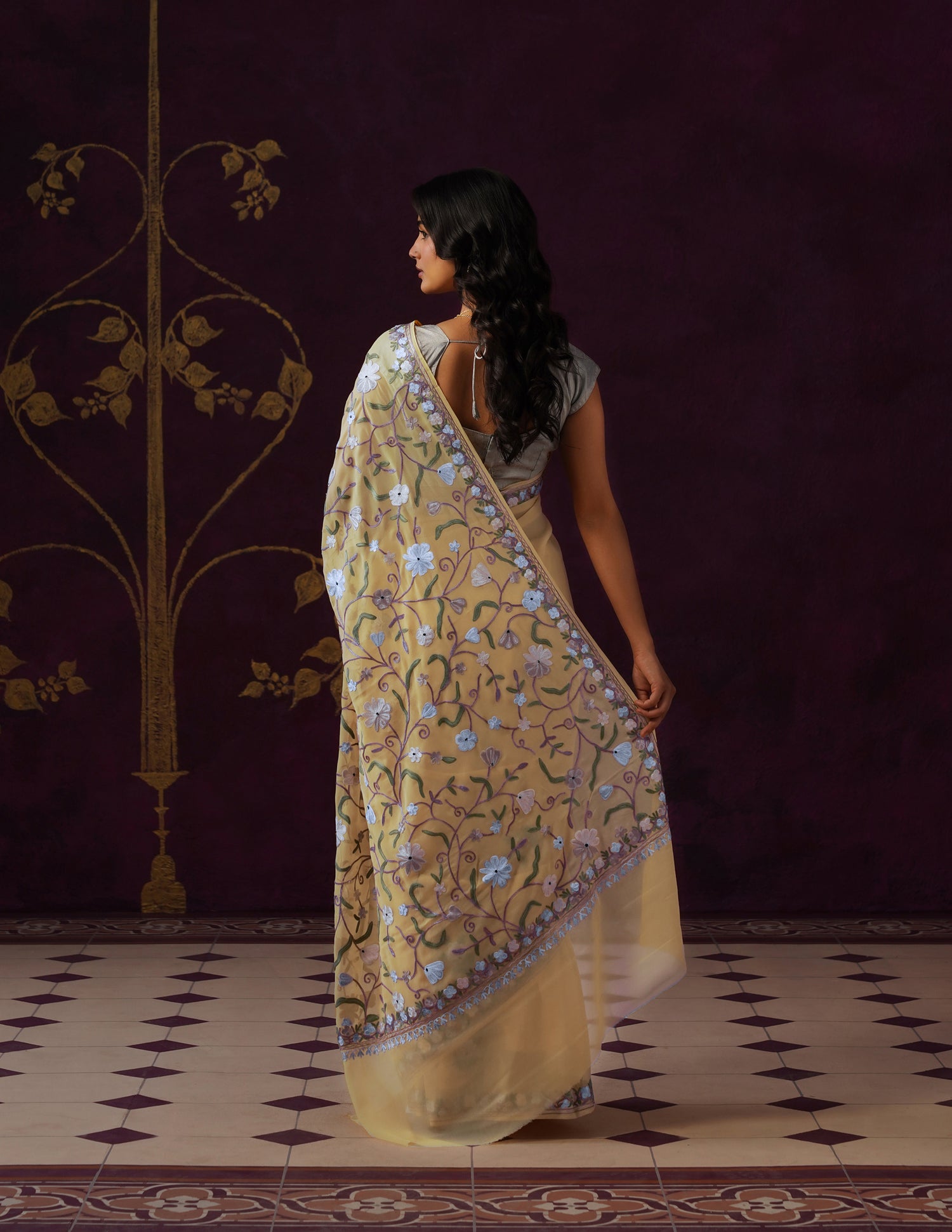Kashmiri Aari Embroidered Georgette Saree – Butter Yellow