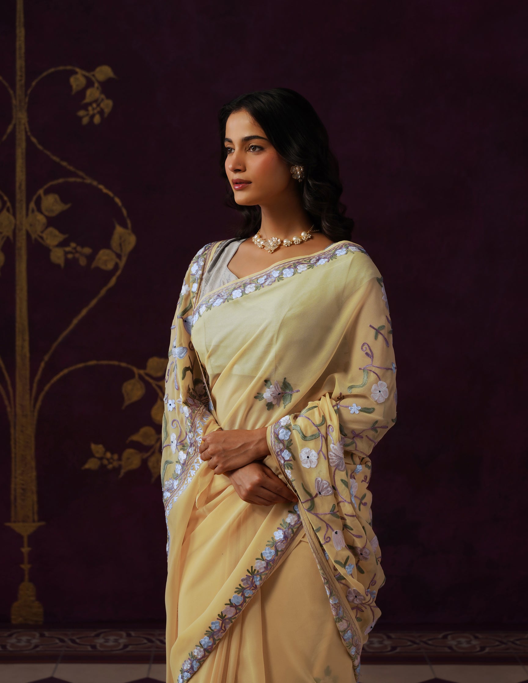 Kashmiri Aari Embroidered Georgette Saree – Butter Yellow