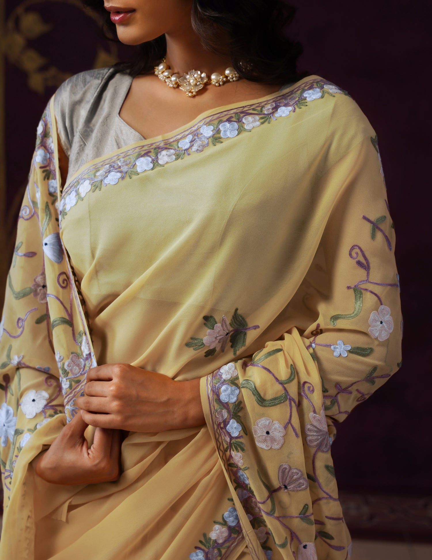 Kashmiri Aari Embroidered Georgette Saree – Butter Yellow