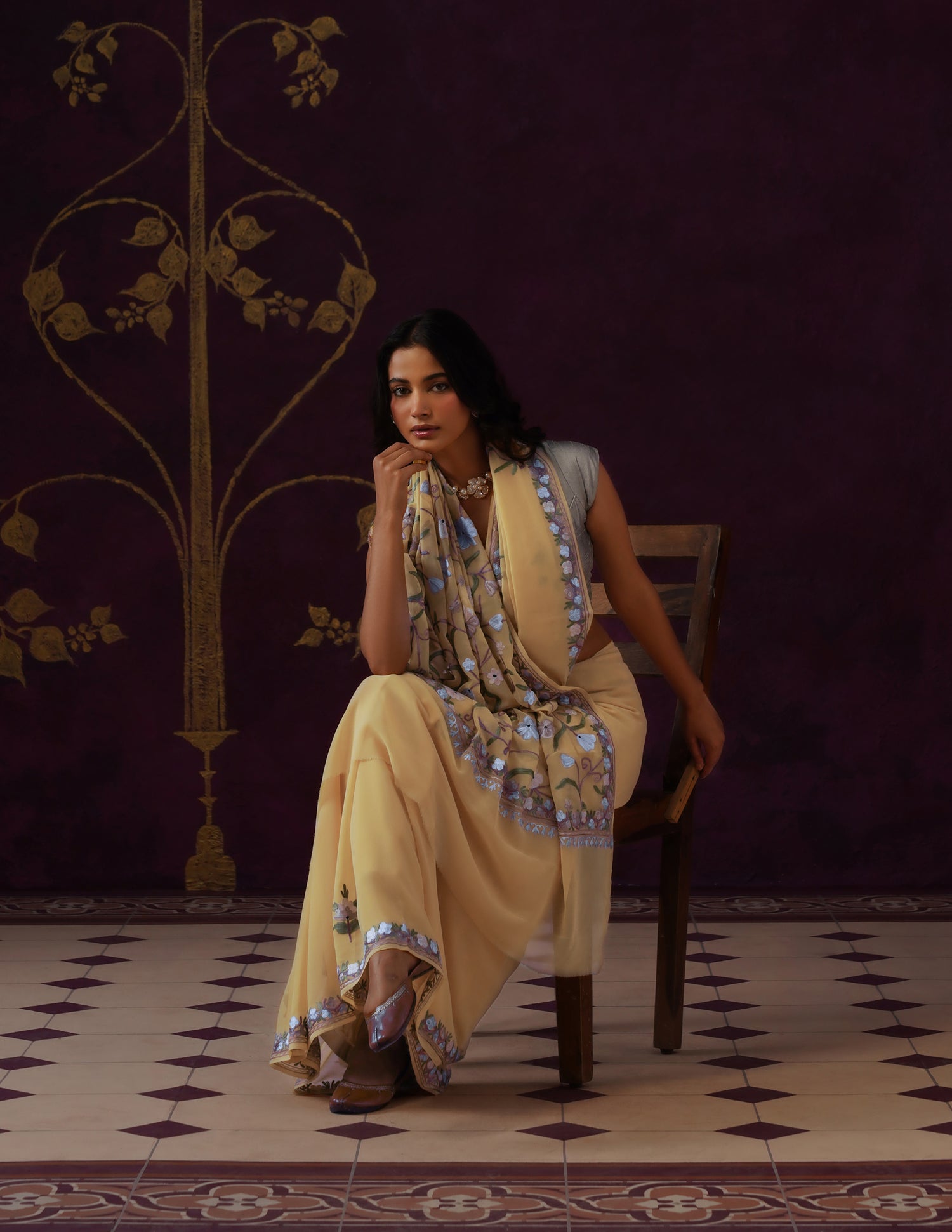 Kashmiri Aari Embroidered Georgette Saree – Butter Yellow