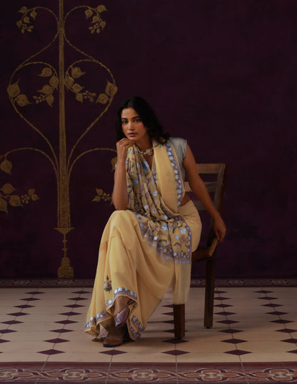 Kashmiri Aari Embroidered Georgette Saree – Butter Yellow