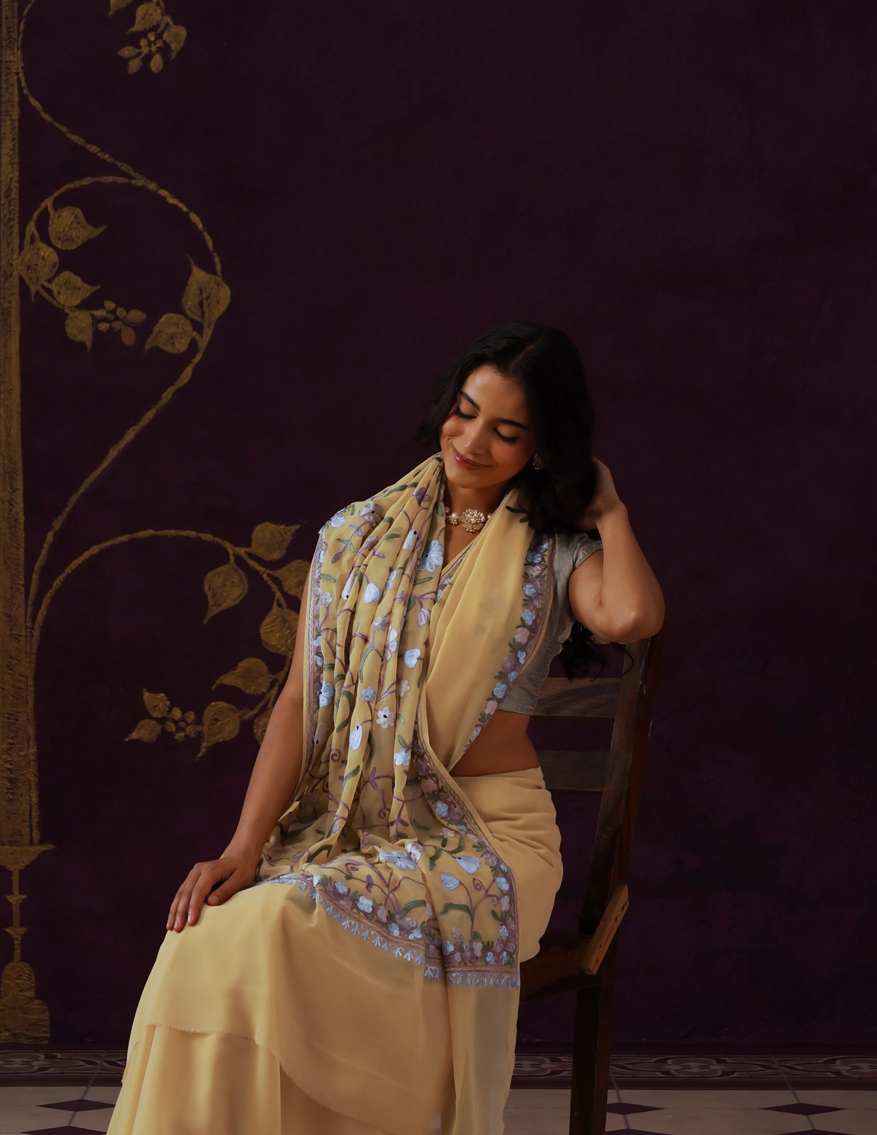 Kashmiri Aari Embroidered Georgette Saree – Butter Yellow