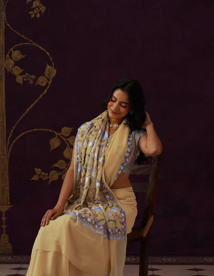 Kashmiri Aari Embroidered Georgette Saree – Butter Yellow