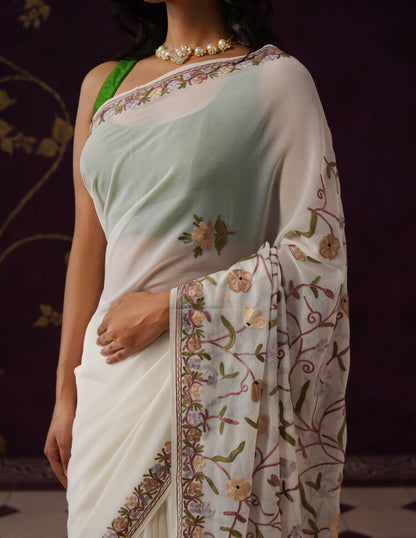 Kashmiri Aari Embroidered Georgette Saree – Off-White
