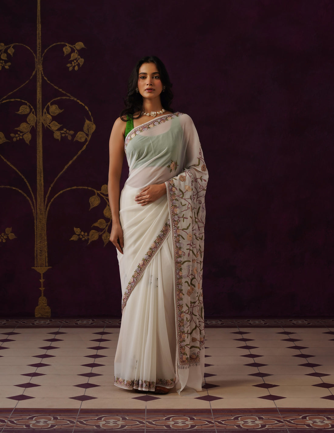 Kashmiri Aari Embroidered Georgette Saree – Off-White