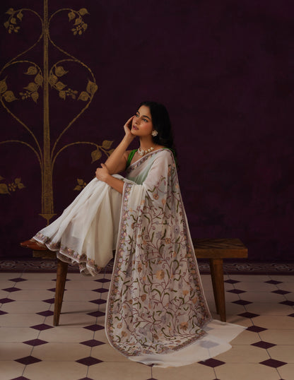 Kashmiri Aari Embroidered Georgette Saree – Off-White