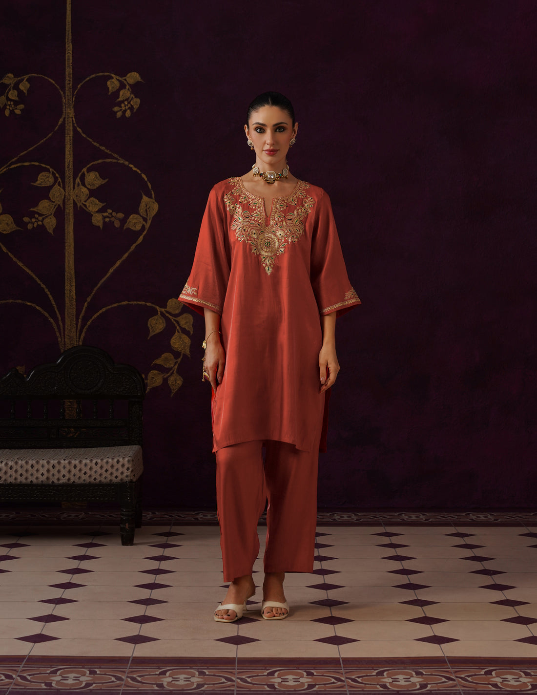 Kashmiri Tilla &amp; Thread Embroidered Silk Co-ord Set – Rust Orange