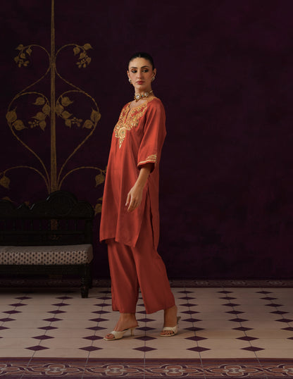 Kashmiri Tilla &amp; Thread Embroidered Silk Co-ord Set – Rust Orange