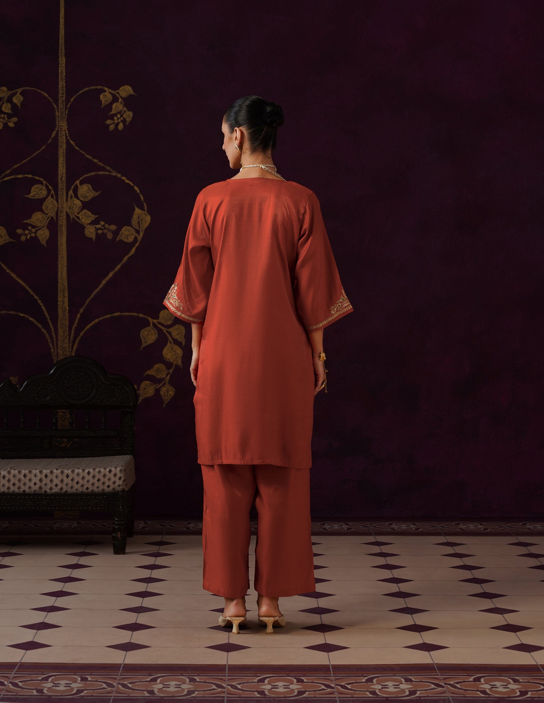 Kashmiri Tilla &amp; Thread Embroidered Silk Co-ord Set – Rust Orange