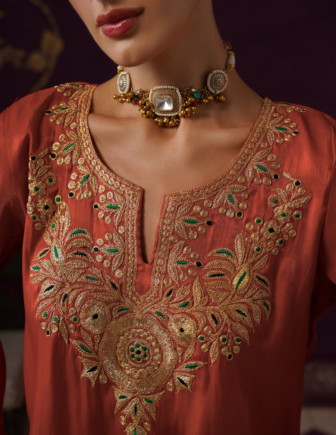 Kashmiri Tilla &amp; Thread Embroidered Silk Co-ord Set – Rust Orange