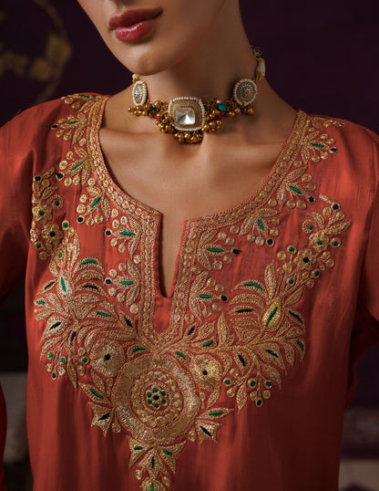 Kashmiri Tilla &amp; Thread Embroidered Silk Co-ord Set – Rust Orange