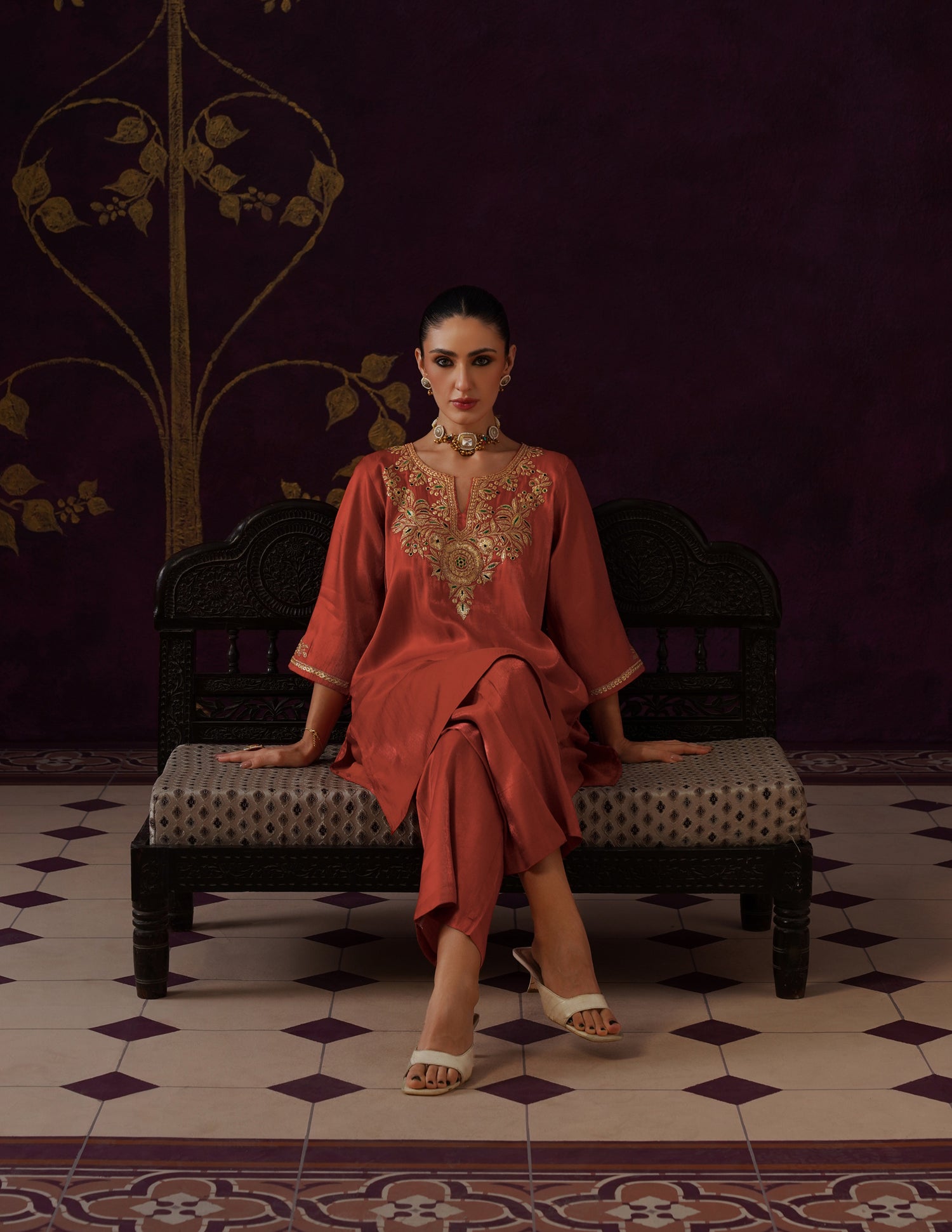 Kashmiri Tilla &amp; Thread Embroidered Silk Co-ord Set – Rust Orange