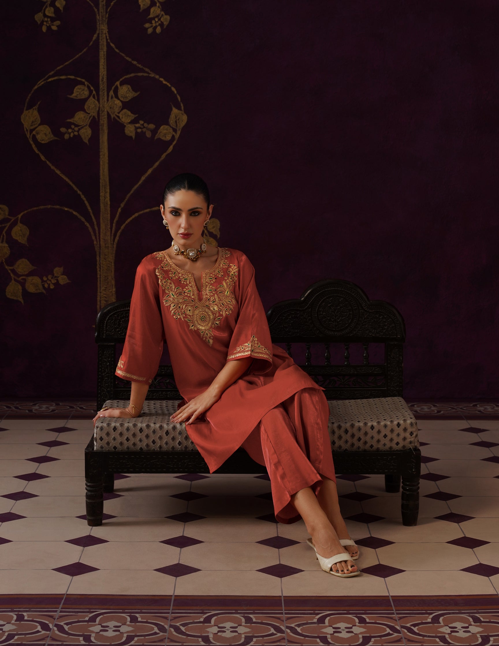 Kashmiri Tilla &amp; Thread Embroidered Silk Co-ord Set – Rust Orange