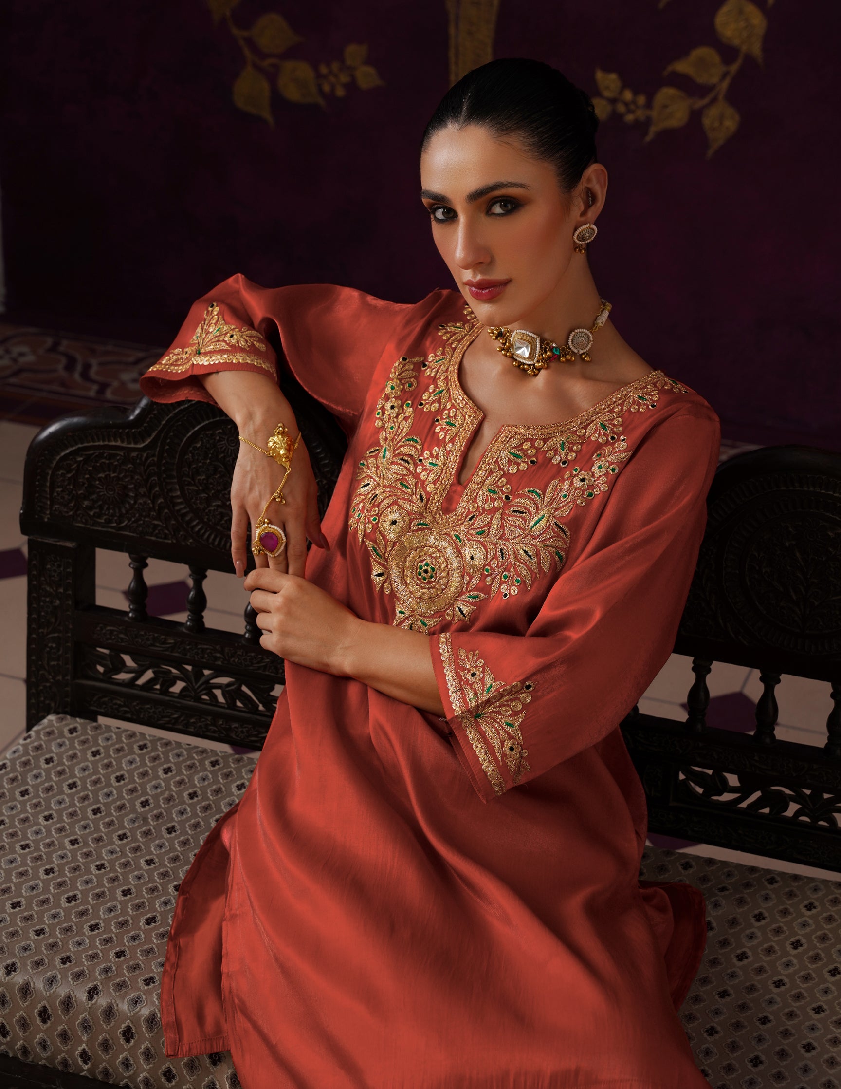 Kashmiri Tilla &amp; Thread Embroidered Silk Co-ord Set – Rust Orange
