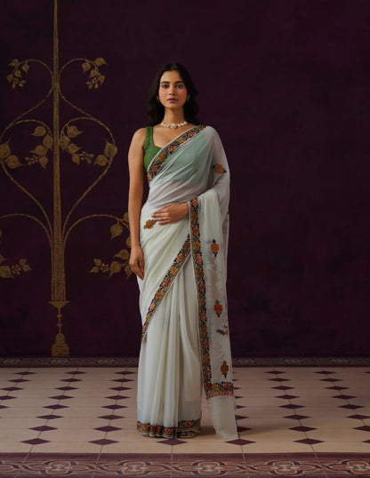 Kashmiri Aari Embroidered Georgette Saree – Off-White